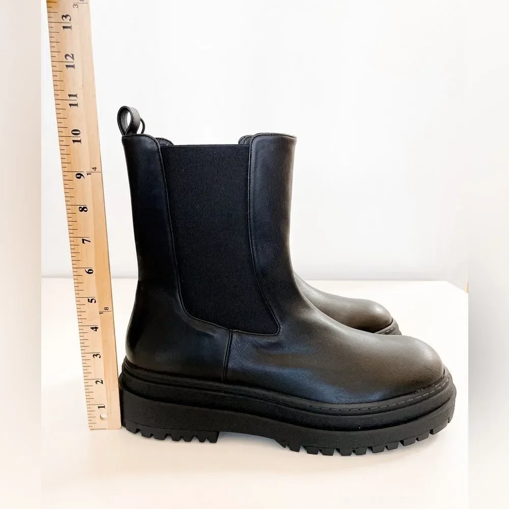 New Good American Black Leather Pull On Platform Boots - Picture 9 of 13